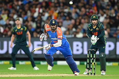 India's Harshit Rana, center, bats against Australia during their T20 cricket match in Melbourne, Australia.