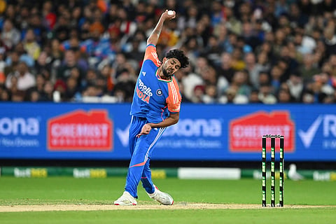 India's Harshit Rana bowls against Australia during their T20 cricket match in Melbourne, Australia.