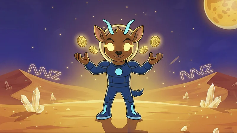 A cartoon deer in a blue spacesuit floating in space with glowing gold coins