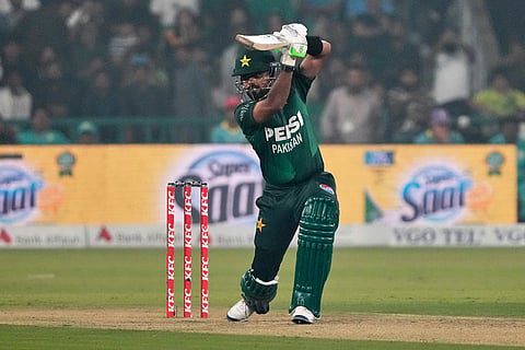 Pakistan's Babar Azam bats during the second T20 cricket match between Pakistan and South Africa, in Lahore, Pakistan.