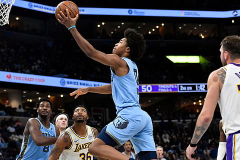 Memphis Grizzlies forward Jaylen Wells (0) shoots ahead of Los Angeles Lakers guard Marcus Smart (36) in the first half of an NBA Cup basketball game in Memphis, Tenn.