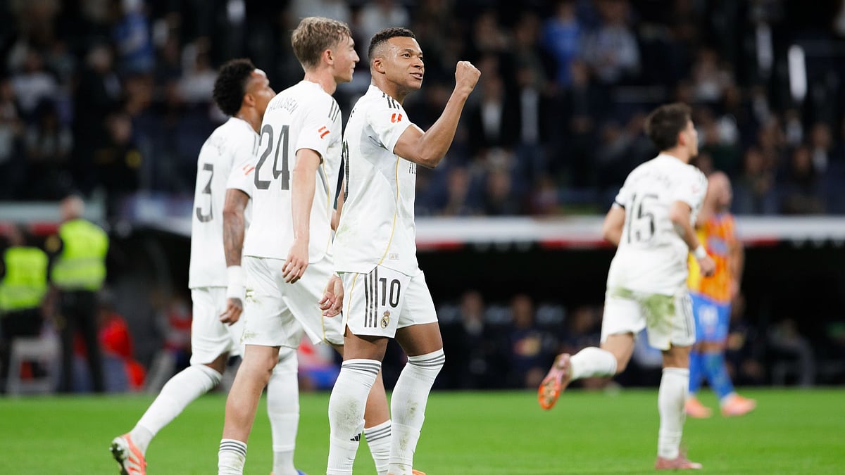 Kylian Mbappe celebrates after scoring against Valencia in La Liga 2025-26.