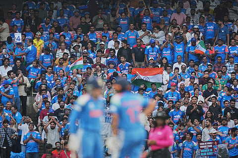 Crowd cheer after India's Shafali Verma hits a six during the ICC Women's Cricket World Cup final match between India and South Africa in Navi Mumbai.
