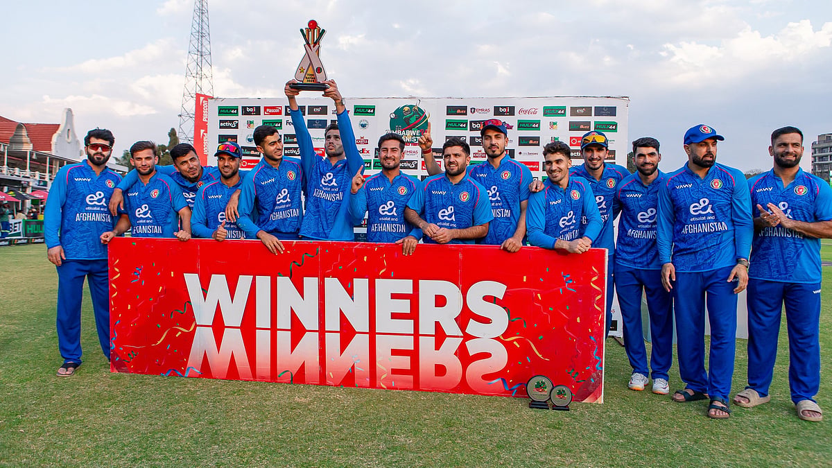 Photo: X/Afghanistan Cricket Board : Zimbabwe Vs Afghanistan Highlights, 3rd T20I: AFG celebrate with the trophy after winning the series.