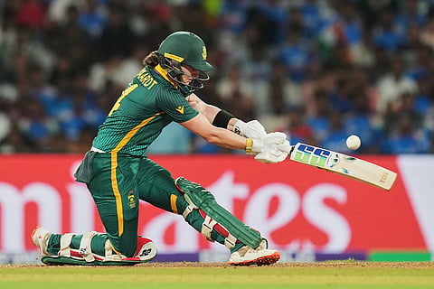 South Africa's captain Laura Wolvaardt plays a shot during the ICC Women's Cricket World Cup final match between India and South Africa in Navi Mumbai.