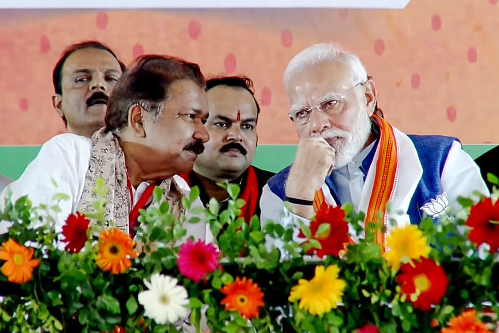 | Photo: @NarendraModi/YT via PTI  : Prime Minister Narendra Modi with Bihar BJP President Dilip Jaiswal during a public meeting ahead of the state Assembly elections, in Arrah, Bihar.