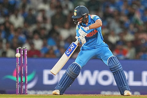 India's captain Harmanpreet Kaur plays a shot during the ICC Women's Cricket World Cup final match between India and South Africa in Navi Mumbai.