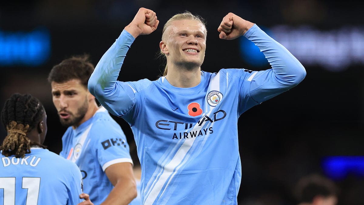 Erling Haaland celebrates after scoring against Bournemouth