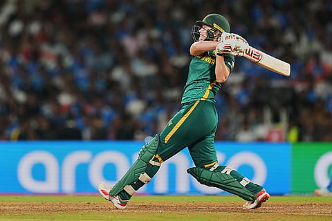 South Africa's Annerie Dercksen plays a shot during the ICC Women's Cricket World Cup final match between India and South Africa in Navi Mumbai.