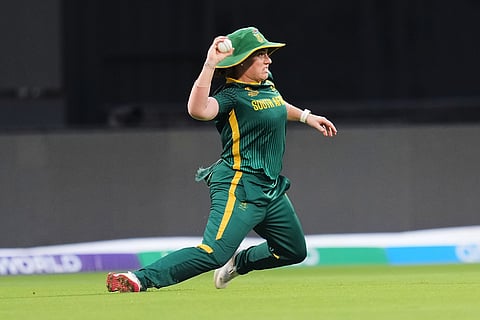 South Africa's Nadine de Klerk fields a ball during the ICC Women's Cricket World Cup final match between India and South Africa in Navi Mumbai.
