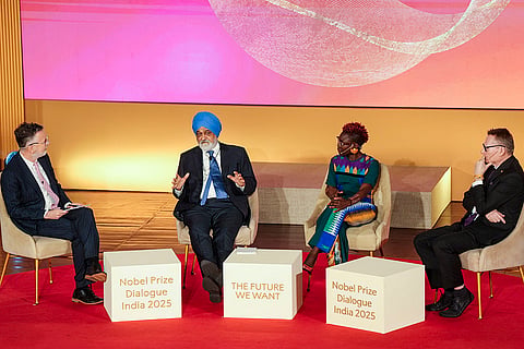 Nobel Prize laureate James A. Robinson, Nigerian epidemiologist Tolullah Oni, Economist Montek Singh Ahluwalia and others during the 'Nobel Prize Dialogue: The Future We Want' in partnership with Tata Trusts, in Bengaluru.