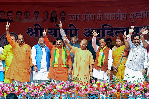 Uttar Pradesh Chief Minister Yogi Adityanath during a rally ahead of Bihar Assembly elections, in Muzaffarpur, Bihar.