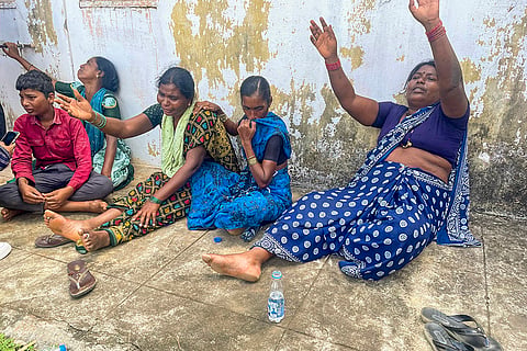 Family members of those who died in a public transport bus accident, mourn, outside a hospital in Chevella, Ranga Reddy district, Telangana. At least 19 people were killed and four others suffered injuries in the accident. 