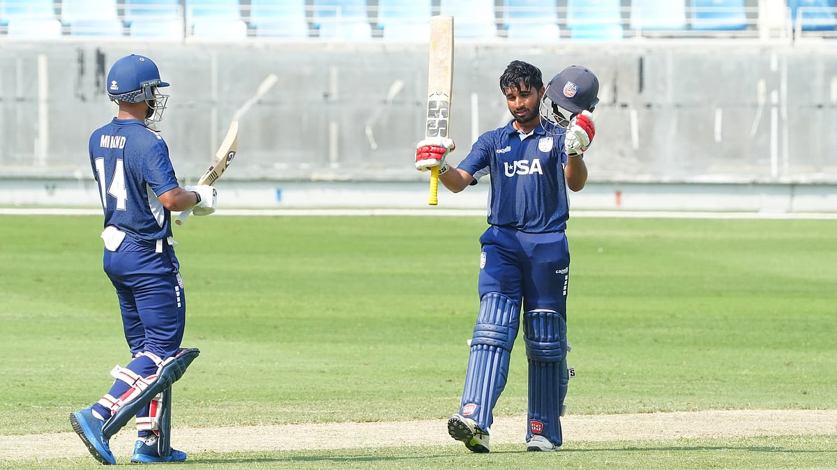 X/UAE Cricket Official : UAE Vs USA Highlights, ICC Cricket World Cup League 2: Saiteja Mukkamalla (right) celebrates his century with Milind Kumar in Dubai.