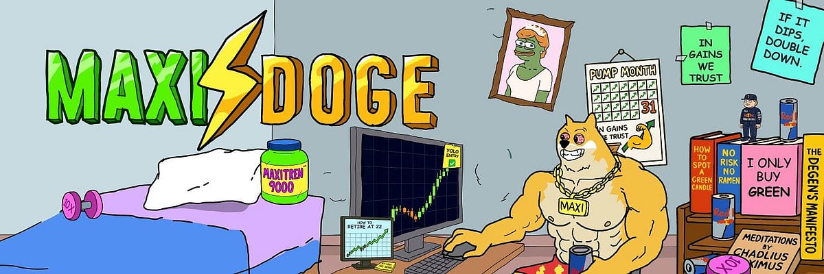 Cartoon banner for Maxi Doge ($MAXI) featuring a muscular Doge at a computer with a trading chart.