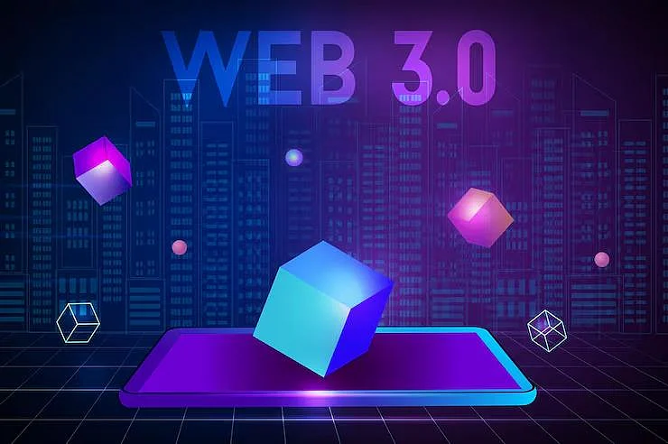Web 3.0 digital art with glowing cubes and blue-purple geometric shapes