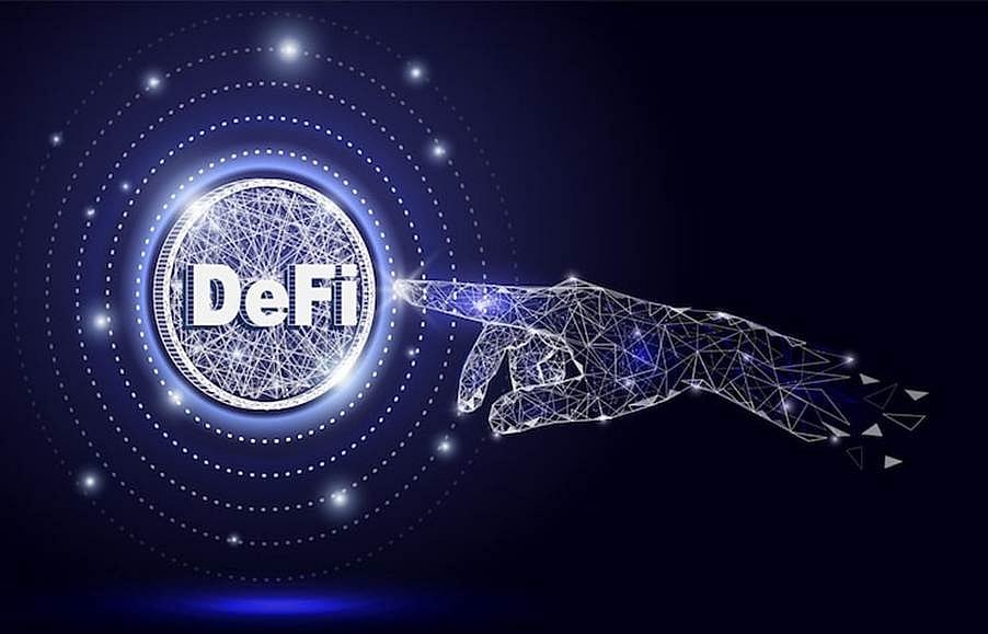 Digital blue graphic of a polygonal hand touching a DeFi (Decentralized Finance) coin.