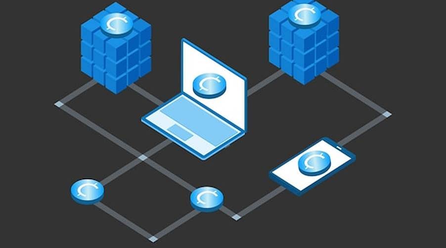 A graphic illustrating Defi concepts with blue blocks