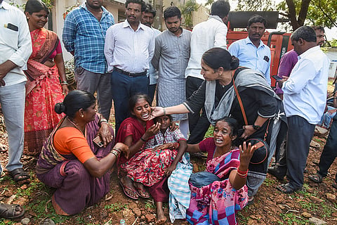 Rangareddy Bus Accident: Family members of those who died in a public transport bus accident, mourn, outside Dr. Patnam Mahender Reddy General Hospital in Chevella, Ranga Reddy district, Telangana.