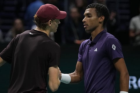Italy's Jannik Sinner left, and Canada's Felix Auger-Aliassime shake hands after the final match of the Paris Masters tennis tournament in Paris.