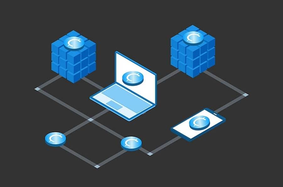 Blue graphic illustrating a Decentralized Finance (DeFi) network connecting devices and data blocks.