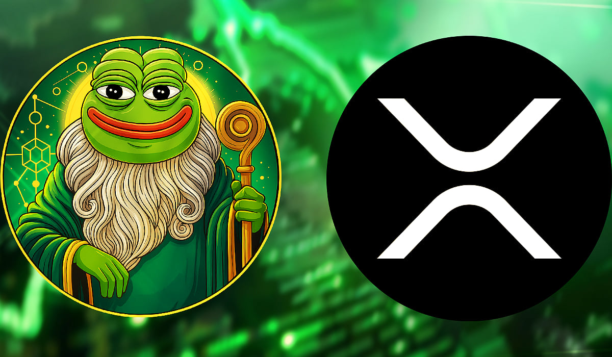 Meme graphic featuring the Pepe the Frog wizard next to the Ripple (XRP) logo.
