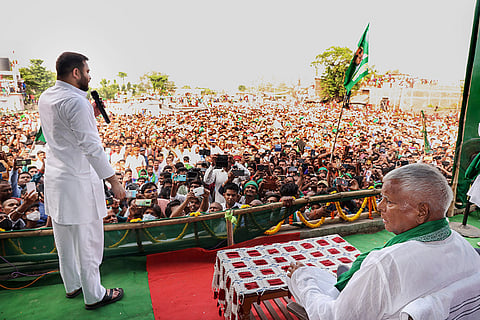 Lalu Prasad and Tejashwi during RJD rally in Darbhanga, a crowd of diversity