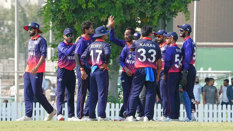 Nepal players celebrate a wicket during the ICC Cricket World Cup League Two fixture against USA on November 1, 2025. - | Photo: X/CricketNep