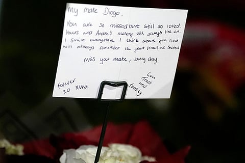 A view of a tribute left by Real Madrid's Trent Alexander-Arnold at the Diogo Jota memorial outside Anfield, Liverpool, England.