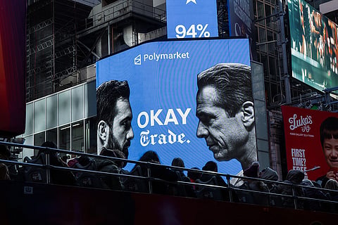 An advertisement by the American company Polymarket show Zohran Mamdani  and Andrew Cuomo ahead of the New York City mayoral election in New York. 