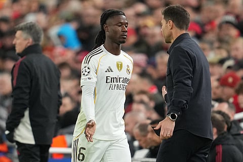Real Madrid's head coach Xabi Alonso substitutes Eduardo Camavinga during the Champions League soccer match between Liverpool and Real Madrid in Liverpool, England.