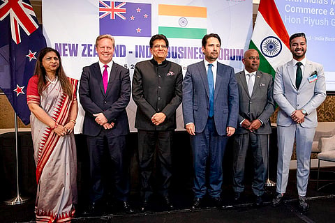 Union Minister of Commerce and Industry Piyush Goyal with his New Zealand counterpart Todd McClay and others during the India-New Zealand Business Forum in Auckland, New Zealand. 