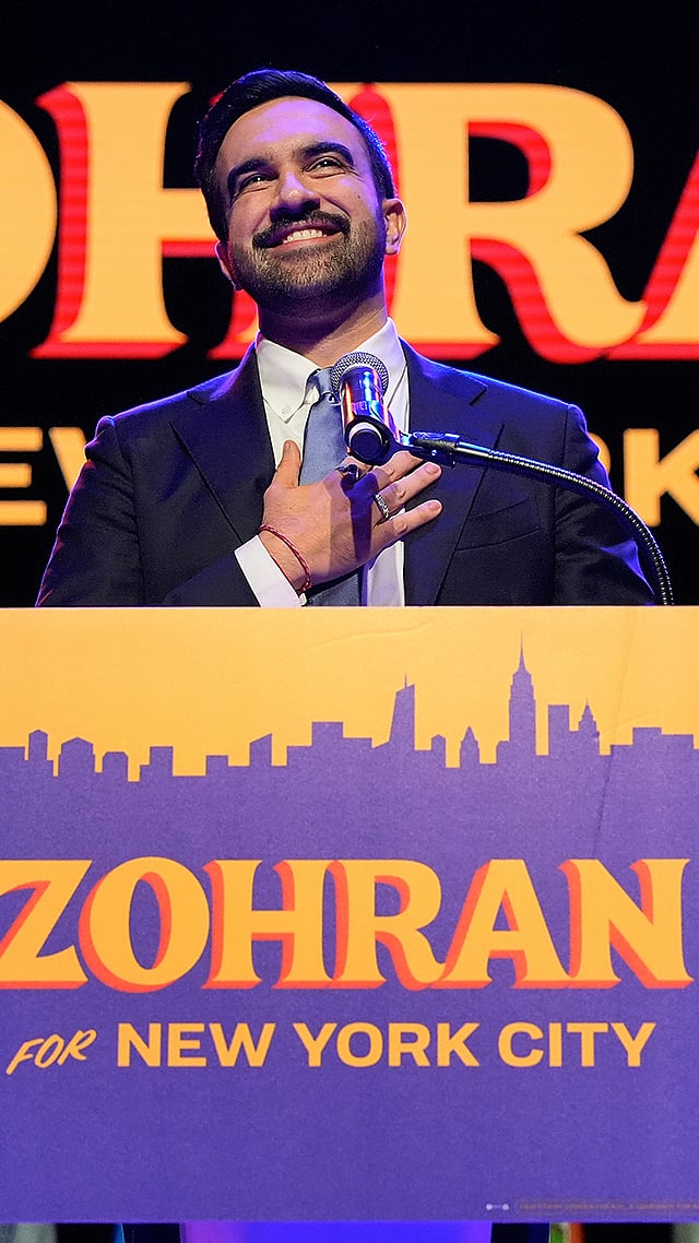 | Photo: AP/Yuki Iwamura : Zohran Mamdani speaks during a victory speech at a mayoral election night watch party in New York. 