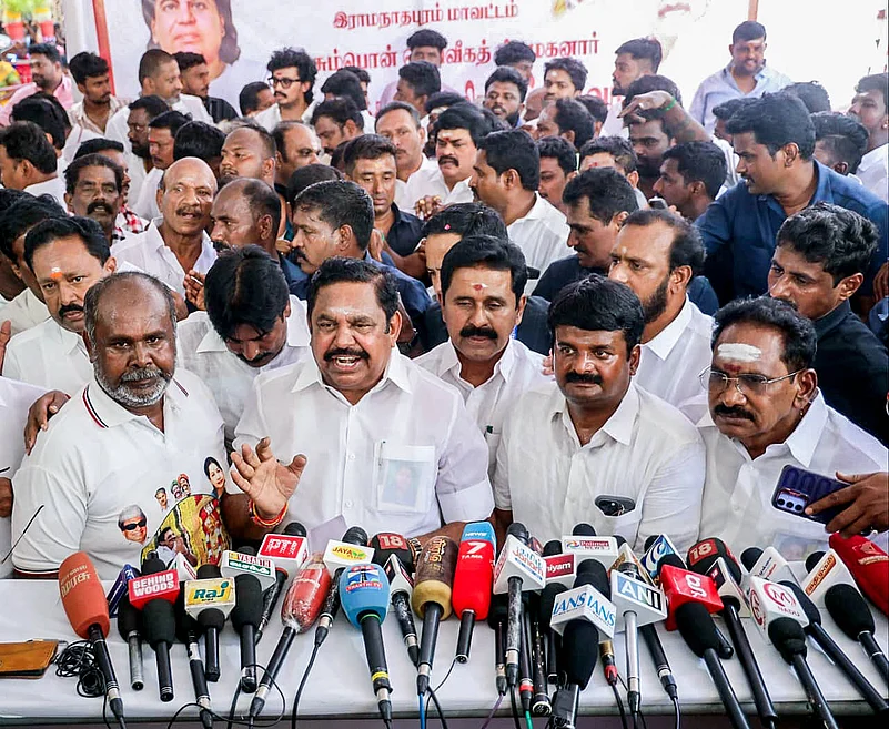 AIADMK leader Edappadi K. Palaniswami speaks to the media Ramanathapuram,