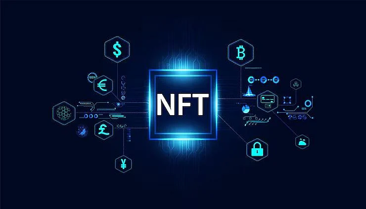Digital graphic with NFT and currency symbols
