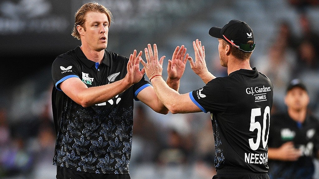 Photo: Chris Symes/Photosport via AP                  : New Zealand Vs West Indies Highlights, 2nd T20I: Kyle Jamieson, left, is congratulated by teammate Jimmy Neesham after taking the wicket of Alick Athanaze during the first T20I.