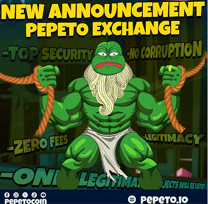 New Announcement Pepeto Exchange with a muscular, bearded Pepe the Frog mascot.