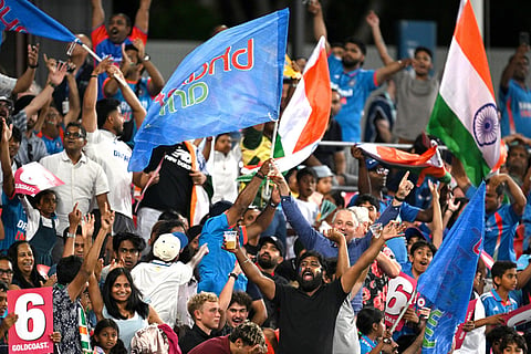 Indian fans react during a T20 cricket international between India and Australia in Carrara, Australia.
