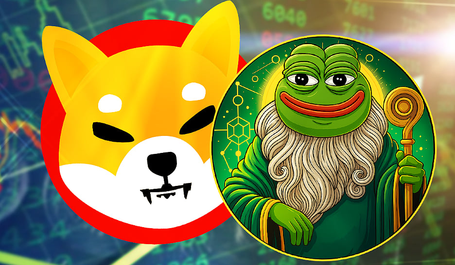 Meme coins: A Shiba Inu head (like Dogecoin) next to a Pepe the Frog wizard.