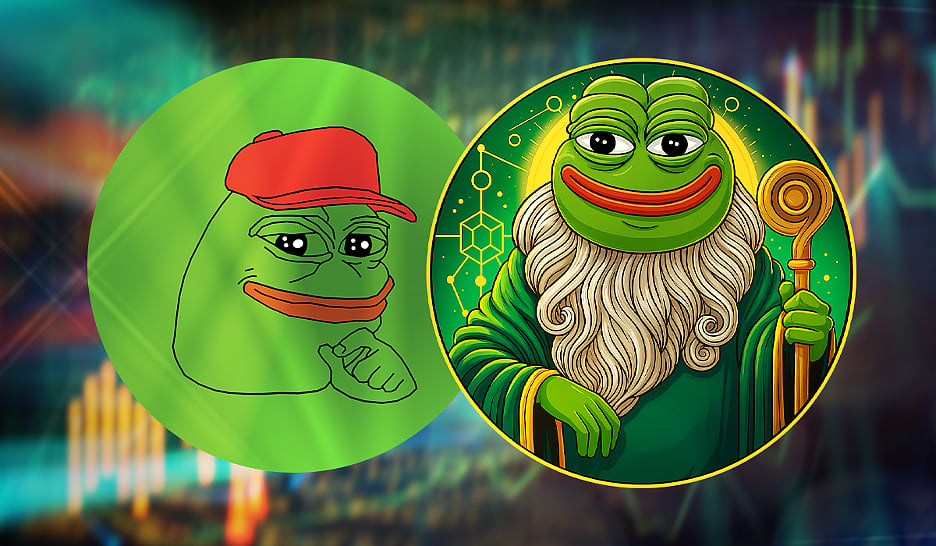 Two Pepe the Frog illustrations: one in a cap, the other as a wizard with a staff.