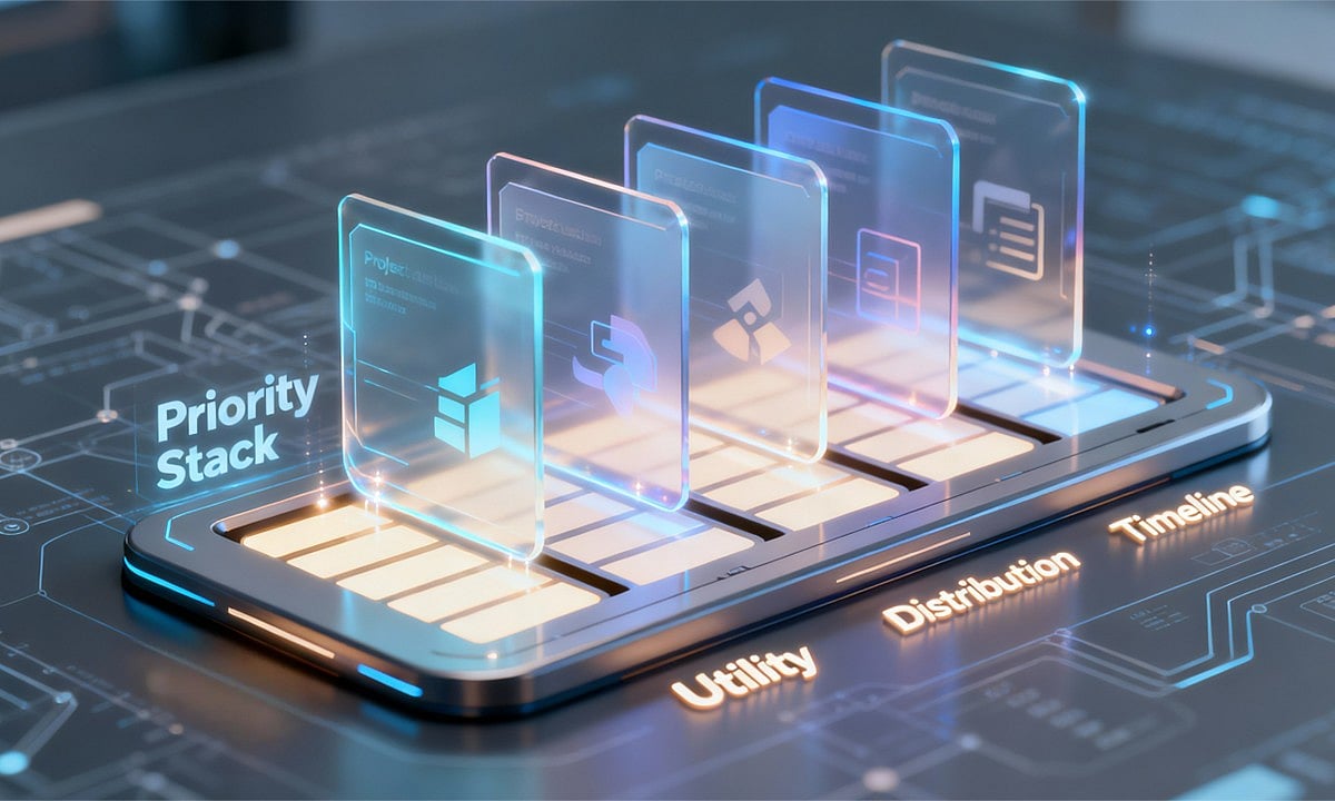 Futuristic phone with glowing priority and utility cards