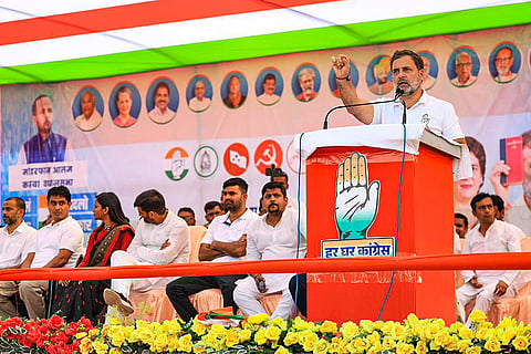 In this image, LoP in the Lok Sabha and Congress leader Rahul Gandhi addresses a public rally for the Bihar Assembly polls, in Purnia district, Bihar.