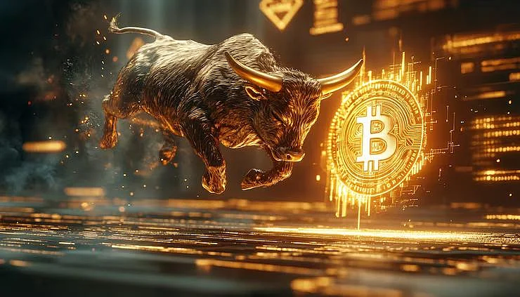 Bull charging with glowing Bitcoin logo