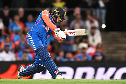 India's Abhishek Sharma bats during a T20 cricket international between India and Australia in Carrara, Australia.
