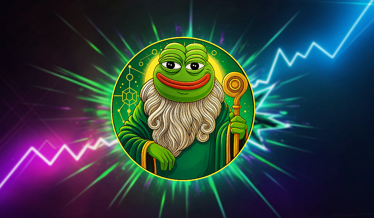 Pepe the Frog wizard with a beard and staff, centered in a glowing chart background.