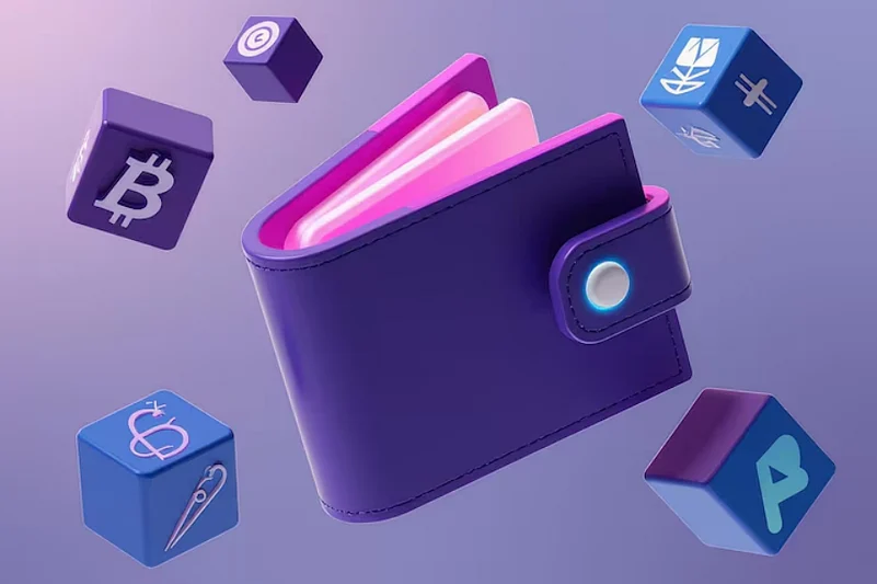 Wallet with crypto icons