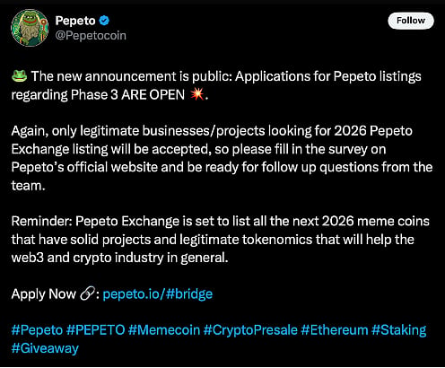 Tweet announcing that applications for Pepeto listings and Phase 3 are open.