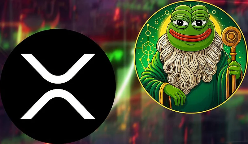 Ripple (XRP) logo with Pepeto, a wizard Pepe the Frog
