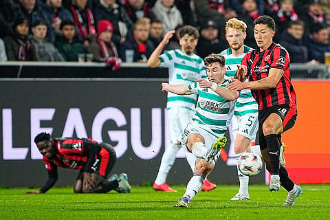 Celtic's Kieran Tierney shoots during the Europa League soccer match between FC Midtjylland and Celtic FC in Herning, Denmark.
