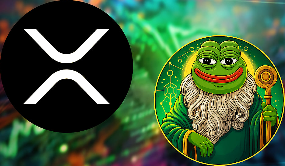 XRP (Ripple) logo next to an illustration of a Pepe the Frog wizard holding a staff.